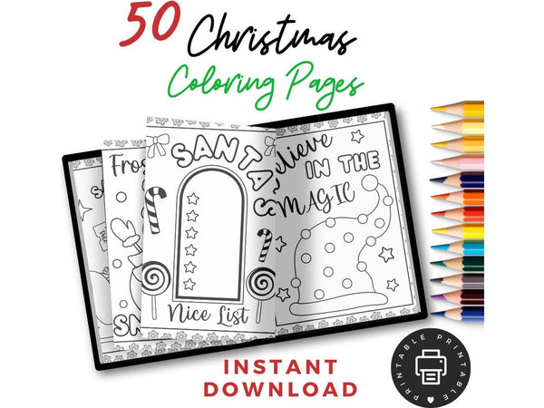 Kids Christmas Coloring Pages x 50, Printable Christmas Activity Pages, Holiday Coloring, Adult Coloring Pages, Xmas Coloring Page