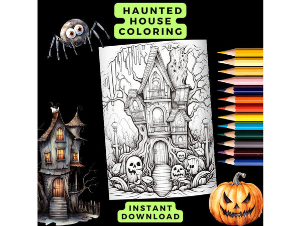 Haunted House Coloring Page x 1 Printable Download, Halloween Coloring Page, Gothic Coloring Page, Adult Coloring Page, Kids Coloring Page