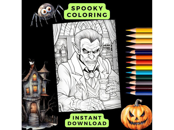 Halloween Vampire Coloring Page x 1 Printable Download, Halloween Coloring Page, Dracula Coloring Page, Adult Halloween Spooky Coloring