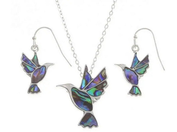 Abalone Shell Hummingbird Necklace Earrings Set TheQuirkyPagan