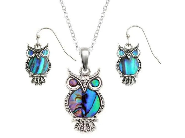 Abalone Shell Owl Necklace & Earrings Set TheQuirkyPagan