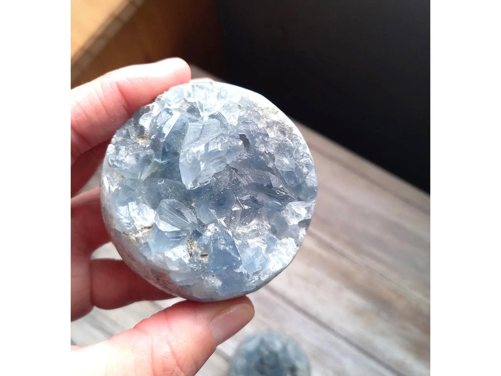 Medium Celestite Sphere - THIS PIECE Style D - 331g TheQuirkyPagan