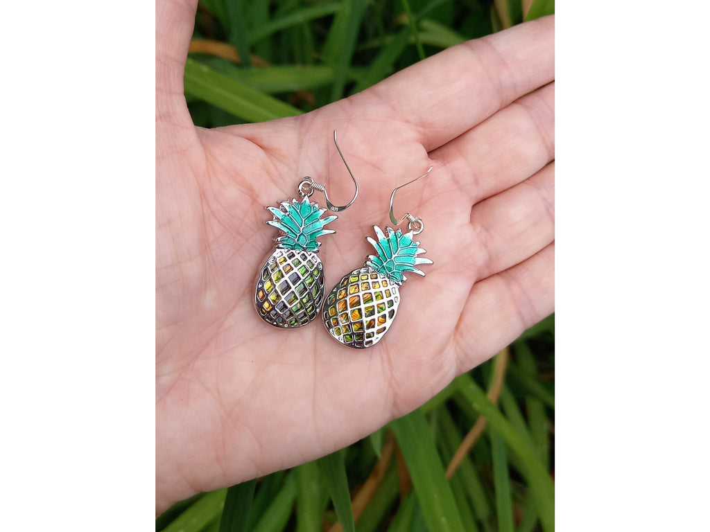 Pineapple Earrings, Abalone Shell Earrings, Pineapple Jewelry, Fruit Earrings, Summer Dangly Earrings, Sterling Silver / Plated Silver