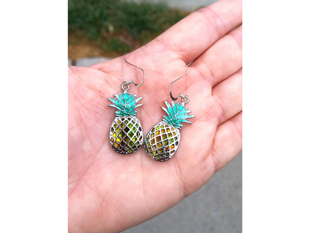 Pineapple Earrings, Abalone Shell Earrings, Pineapple Jewelry, Fruit Earrings, Summer Dangly Earrings, Sterling Silver / Plated Silver