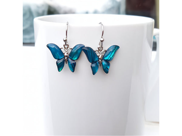 Blue Butterfly Earrings, Abalone Shell Earrings,Butterfly Jewelry,Dangly Butterfly Earrings,Butterfly Gift,Sterling Silver / Plated Silver