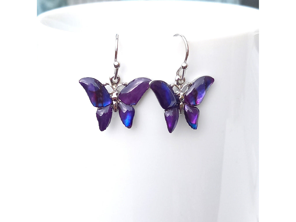 Purple Butterfly Earrings, Abalone Shell Earrings,Butterfly Jewelry,Dangly Butterfly Earrings,Butterfly Gift,Sterling Silver / Plated Silver