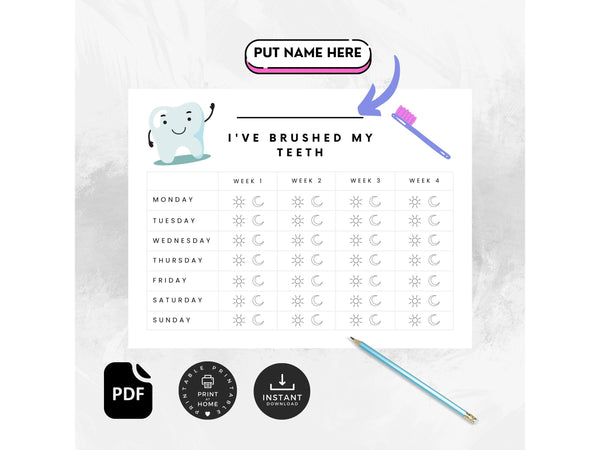 Kids Brush Your Teeth Chart Printable Checklist, Tooth Brushing Chart, Kids Bathroom Routine Chart, Children's Teeth Routine Printable