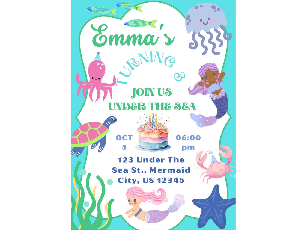 Under The Sea Birthday Invitation, Editable Birthday Invitation, Girls Under The Sea Party Invitation, Ocean Invitation, Mermaid Invitation
