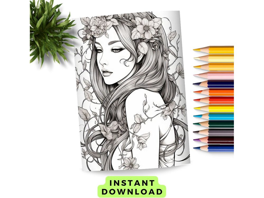 Fairy Coloring Page x 1 Printable Download, Adult Coloring Page, Affordable Coloring Pages, Magical Coloring Page, Femme Coloring Page