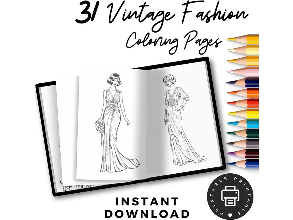 Fashion Dress Coloring Pages, Vintage Fashion Coloring Pages, Adult Coloring Pages, Printable Coloring Pages, Relaxing Coloring