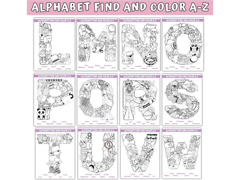 Kids Learn Alphabet Activity , Alphabet Coloring,Alphabet Find And Color Actitivy 26 Printable pages ,Kids Pre School Learning,Kids Coloring