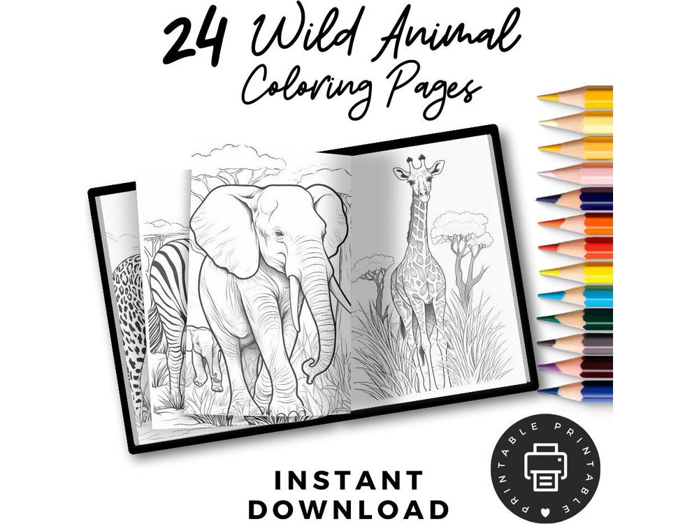 Wild Animal Coloring Pages 24 Printable Pages, WildlifeColoring, Kids Coloring Pages,Relaxation Adult Coloring Pages, Animal Coloring Sheets