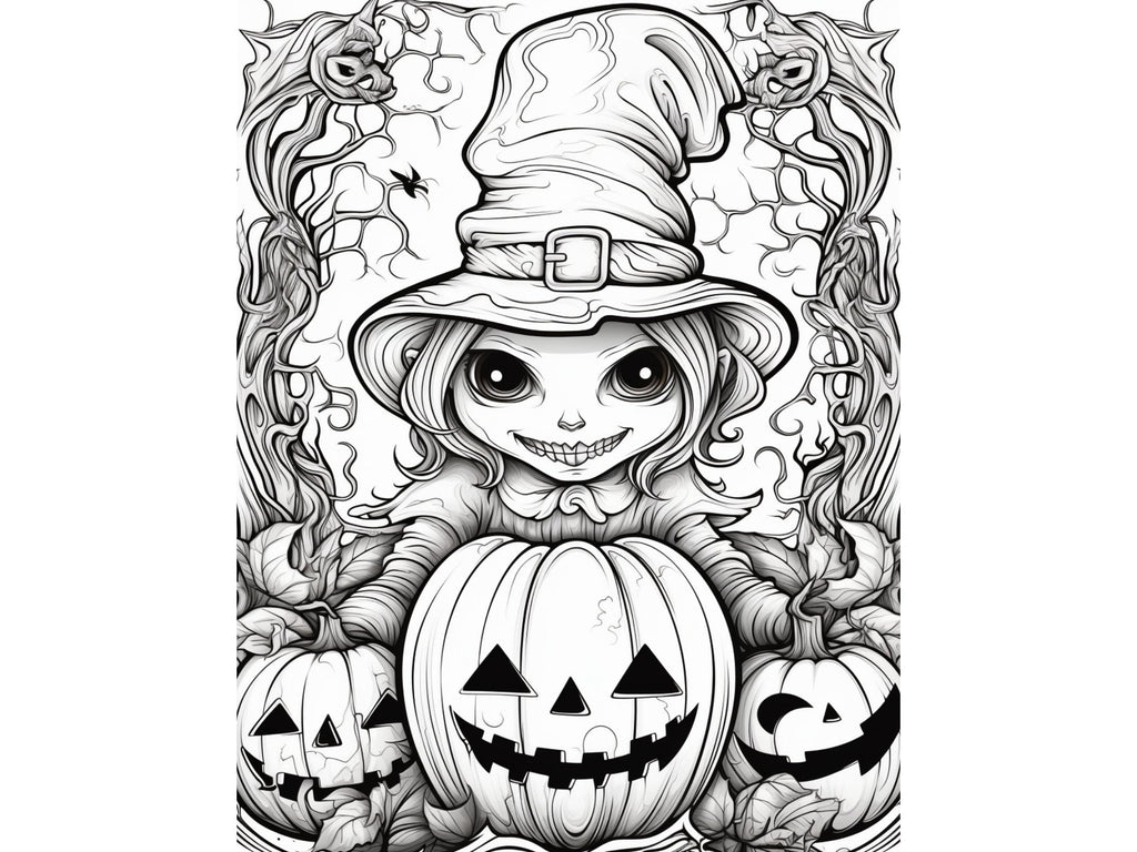 Halloween Witch Jack O Lantern Coloring Page x 1 Printable Download, Halloween Pumpkin Coloring Page, Halloween Spooky Coloring