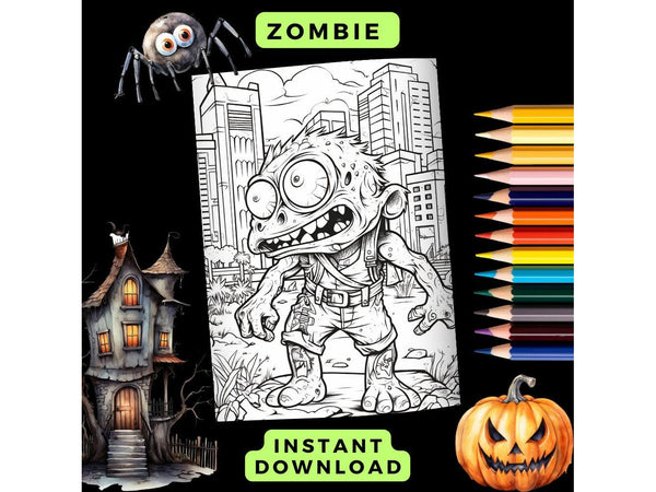 Zombie Coloring Page x 1 Printable Download, Kids Zombie Coloring Page, Halloween Coloring Page, Spooky Coloring For Kids
