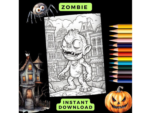 Zombie Coloring Page x 1 Printable Download, Kids Zombie Coloring Page, Halloween Coloring Page, Spooky Coloring For Kids