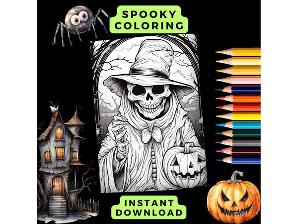 Halloween Skeleton Jack O Lantern Coloring Page x 1 Printable Download, Halloween Pumpkin Coloring Page, Halloween Spooky Coloring