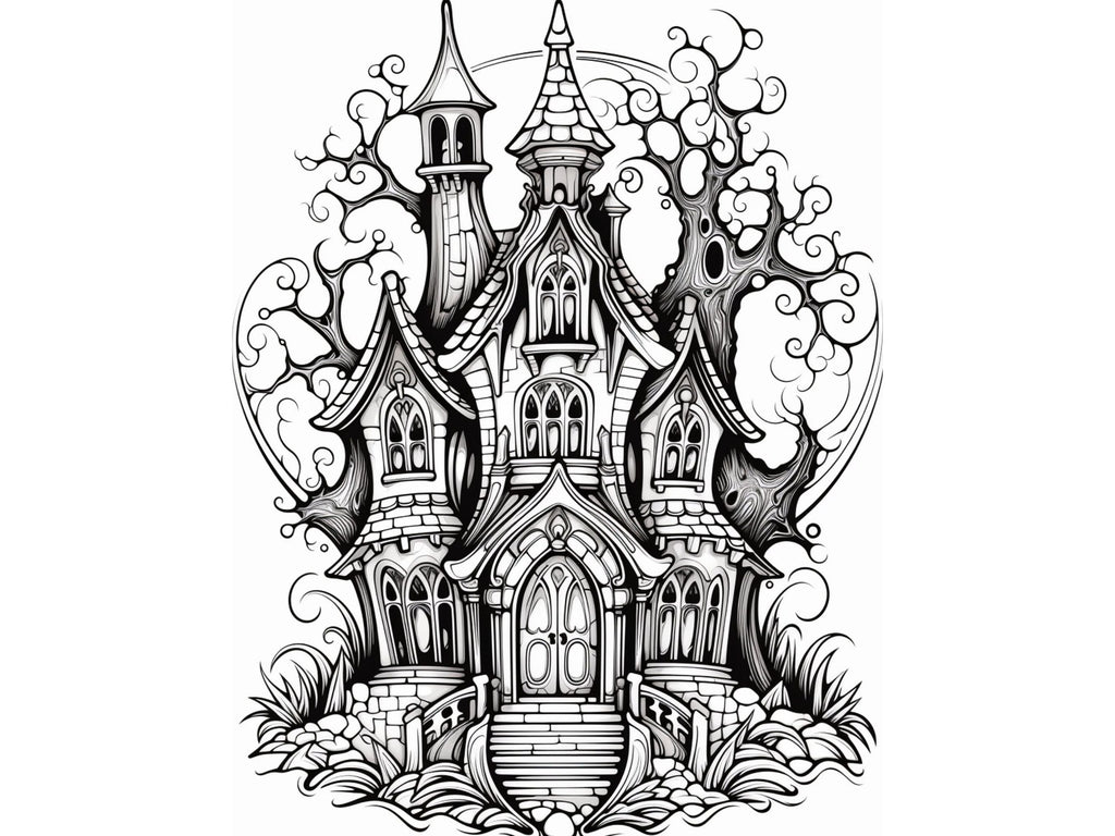 Haunted House Coloring Page x 1 Printable Download, Halloween Coloring Page, Gothic Coloring Page, Adult Coloring Page, Kids Coloring Page
