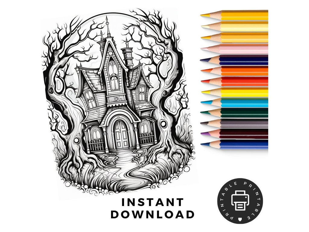 Haunted House Coloring Pages MEGA Over 100 Pages, Halloween Coloring Page, Gothic Coloring Page, Adult Coloring Page, Kids Coloring Page