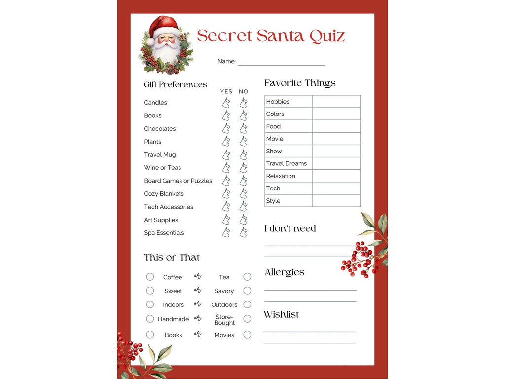 Secret Santa Quiz, Secret Santa Printable Gift Idea Sheet, Instant Download Secret Santa Questionnaire, Secret Santa Gift Exchange